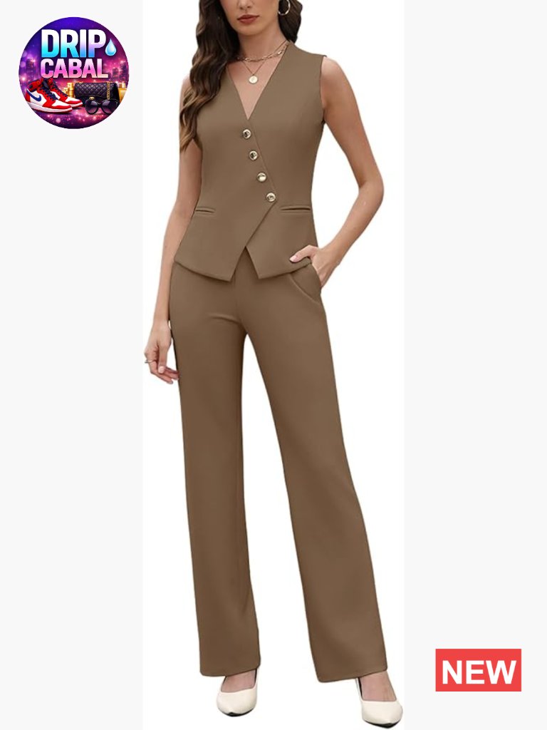 Professional 2-Piece Pantsuit Set Sleeveless Blazer Vest Straight Leg Pants